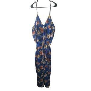 2X floral blue faux wrap sleeveless jumpsuit with leg slits